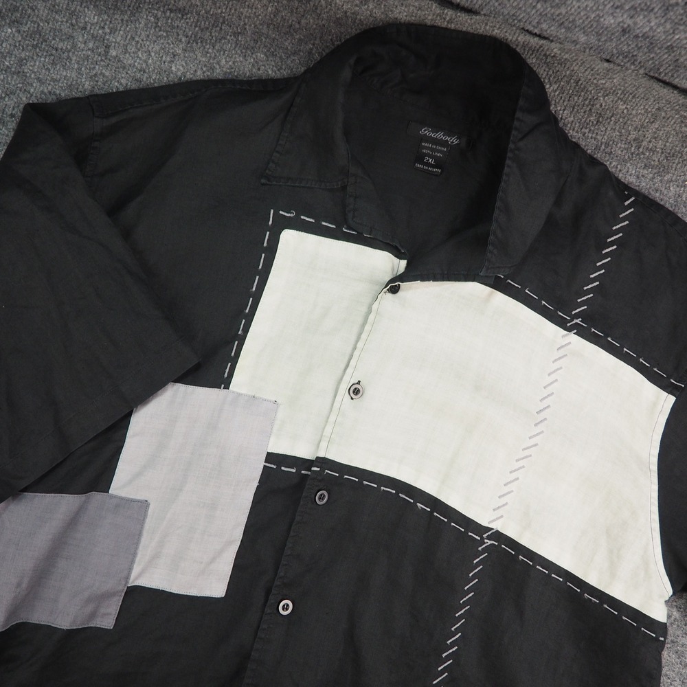 Godbody Shirt Mens 2XL Black Linen Colorblock Patchwork Cyber Y2K Streetwear